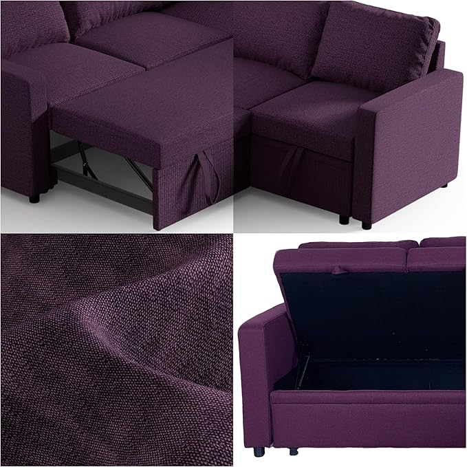 Modular Sofa Bed Couch with Storage, 82" Reversible Sleeper Sofas with Pull Out Bed, Pull Out Couch for Living Room Apartment Bedroom Office, Dark Purple