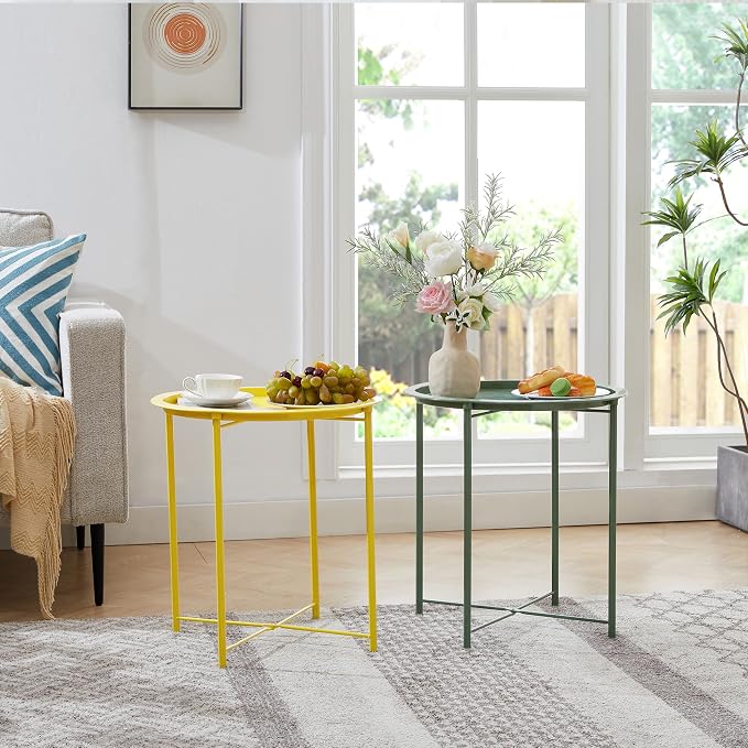 VECELO Side/End Table, Folding Round Metal Anti-Rust and Waterproof Outdoor or Indoor Tray for Living Room Bedroom Balcony and Office, 1 PCS,Yellow - Image 5