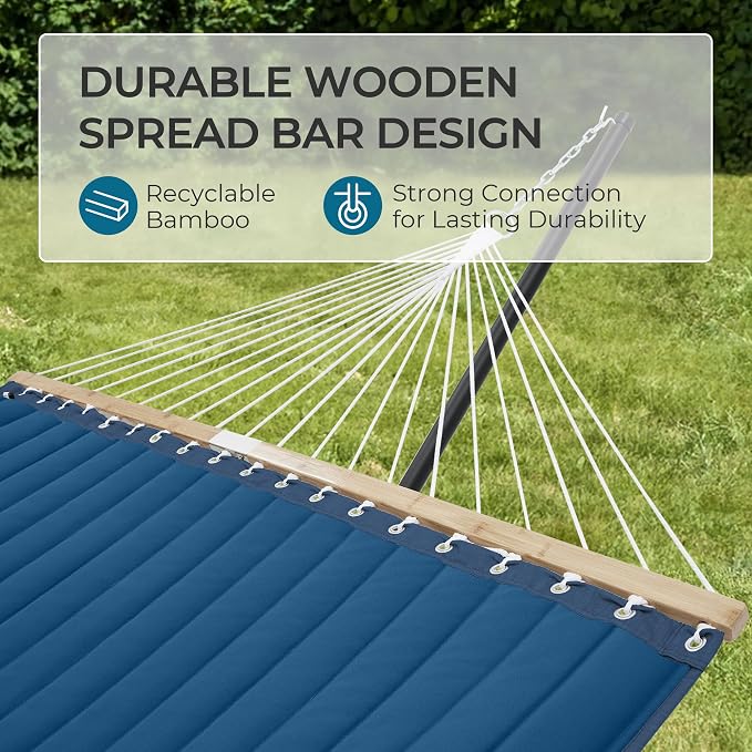 SUPERJARE Hammock with Stand, 2 Person Quilted Outdoor Hammock, Detachable Pillow & Bamboo Spreaders, Portable Hammock with Carrying Bag, Heavy Duty Stand, Perfect for Outside, Patio, Navy Blue - Image 7