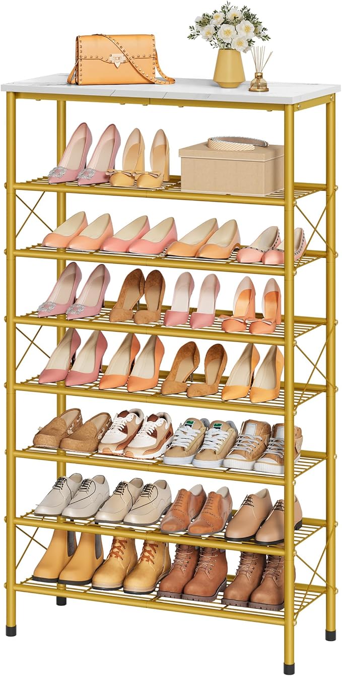 Tajsoon 8 Tier Shoe Rack Organizer for 28-32 Pairs of Shoes, Metal Mesh Shoe Shelf for Closet, Industrial Shoe Rack for Entryway Shoe Storage with X Shape Fixed Frame, White & Gold by Tajsoon