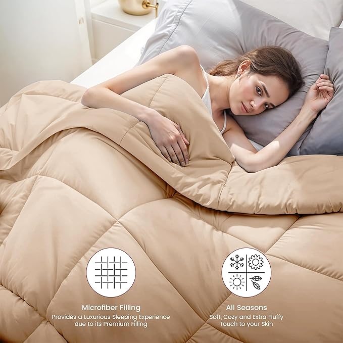 LUX Décor Twin Comforter – 92x68 Ultra-Soft Down Alternative Duvet Insert with Corner Tabs & Box Stitching, Hotel Quality Plush Microfiber Bedding, Oeko-TEX Certified - Beige