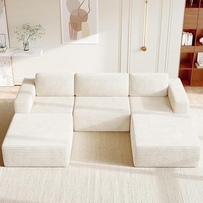 Vesgantti 119" Oversized U-Shaped Modular Sectional Sofa, Corduroy Cloud Couch with Deep Seating & Spring Support, Convertible Sofa with 2 Ottomans, Boneless Couch, No Assembly Required, Beige