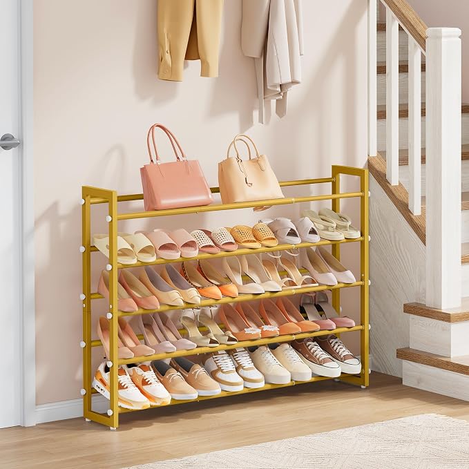 FAVOOSTY 3-Tier Expandable Shoe Rack, Adjustable Shoe Shelf Storage Organizer Space Saving Metal Free Standing Shoe Rack for Entryway Closet Doorway, Silver Grey (Gold, 5 Tier) - Image 8