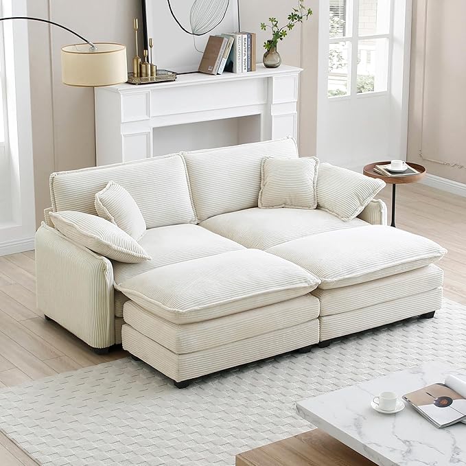 KEIKI 81" Oversized Corduroy Modular Sectional Loveseat Sofa with 2 Ottoman, High-Density Foam Cushions, Removable Armrests, Upholstered 2-Seater Corner Couch with 4 Pillow, for Living Room, Beige