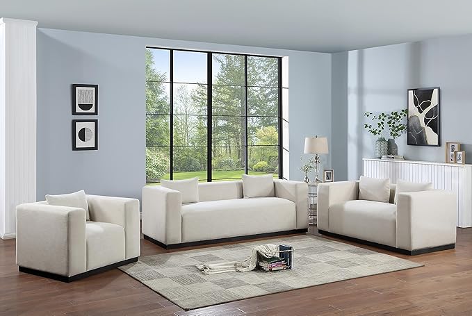 Meridian Furniture 642Beige-S Alfie Collection Modern | Contemporary Sofa with Rich Beige Linen Textured Fabric, Black Finish Solid Wood Base, 90.5" W x 36" D x 28.5" H, Beige