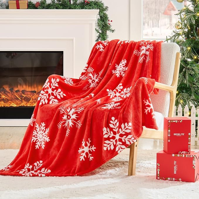 BEDELITE Christmas Throw Blanket?€? Cozy Holiday Blanket with Red Snowflake Design, Soft Lightweight Fleece Christmas Blanket for Couch & Bed, Festive Home D??cor & Gift, 50"x60"