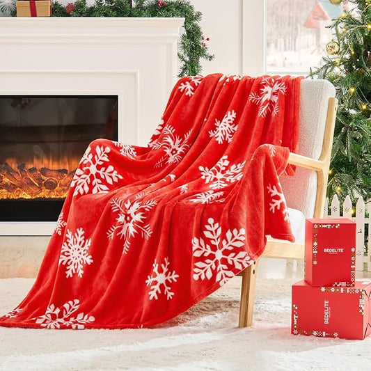 BEDELITE Christmas Throw Blanket?€? Cozy Holiday Blanket with Red Snowflake Design, Soft Lightweight Fleece Christmas Blanket for Couch & Bed, Festive Home D??cor & Gift, 50"x60"