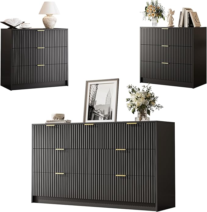 MAISONARIA 3-Piece Dresser Bedroom Set, 7 Drawer Dresser & 3 Drawer Nightstands with Gold Handles, Fluted Wood Chest of Drawers for Bedroom, Living Room, Entryway, Black