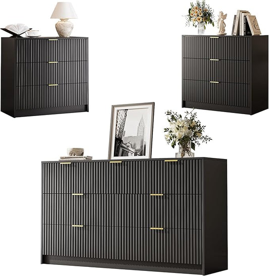 MAISONARIA 3-Piece Dresser Bedroom Set, 7 Drawer Dresser & 3 Drawer Nightstands with Gold Handles, Fluted Wood Chest of Drawers for Bedroom, Living Room, Entryway, Black