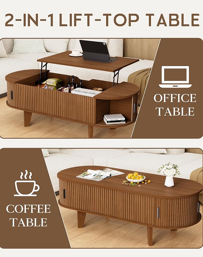 Oval Coffee Table with Storage, 47.2" Fluted Lift Top Coffee Table with 180° Sliding Tambour Door, Mid Century Modern Center Table for Living Room, Office, Cafe, Walnut