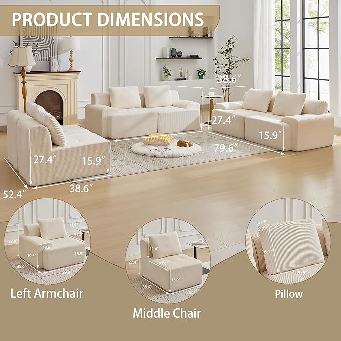 Modular Sectional Sofa with Movable Ottoman, 6 Seat Deep Seat Couch with 6 Pillows, Comfy Cloud Sectional Sofa for Living Room, Bedroom and Apartment (White, 2 Left+2 Right+2 Middle)