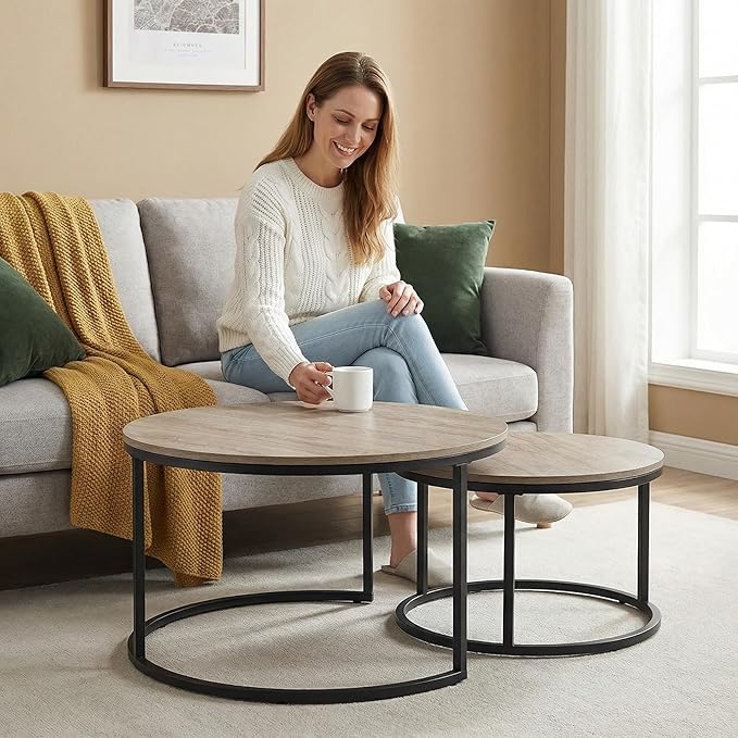 CENSI Round Nesting Coffee Table Set of 2, 31.5" Modern Grey Wash Oak Wood & Metal Frame, Industrial Circle Stacking Accent Tables for Living Room, Rustic Farmhouse Decor, Easy Assembly