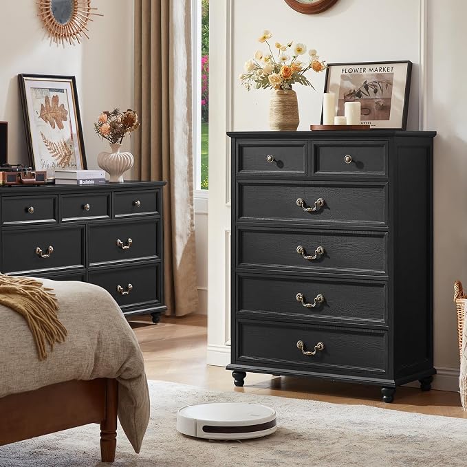 Joaxswe Farmhouse 6 Drawer Dresser Set of 2 for Bedroom, 42" Tall Rustic Chests of Drawers w/ 4 Solid Wood Feet, Mid Century Vintage Wooden Closet Storage Dressers Organizer for Living Room,Black - Image 3
