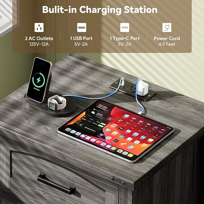 Decofy Farmhouse Nightstand Set of 2 with Charging Station, 18'' Wide Rustic End Table with USB/Type-C Ports, 3 Drawers, Wood Bedside Table for Bedroom, Grey Oak - Image 3