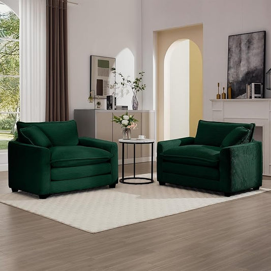KEIKI 2-Piece Sofa Set with 2 Oversized Corduroy Single Sofa, Upholstered Modern 2-Seater Lounge Accent Chair Set with 2 Pillow, High-Density Foam Cushions, Removable Armrests, for Living Room, Green