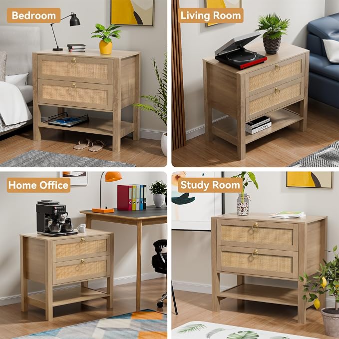 Rattan Nightstand with 2 Drawers and Storage Shelf, 26” Tall Wide Night Stand, Wood Large Bedside Table with Golden Handle for Bedroom, Side Table, Carbon Cherry - Image 7