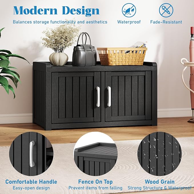 2-Tier Storage Bench, Waterproof UV-Resistant Outdoor Shoe Storage Cabinet with 2 Doors & Adjustable Shelves for Indoor Outdoor Entryway, Hallway, Living Room (Raven Black) - Image 4