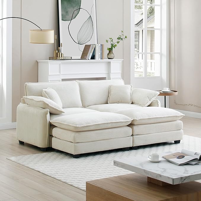 KEIKI 81" Oversized Corduroy Modular Sectional Loveseat Sofa with 2 Ottoman, High-Density Foam Cushions, Removable Armrests, Upholstered 2-Seater Corner Couch with 4 Pillow, for Living Room, Beige