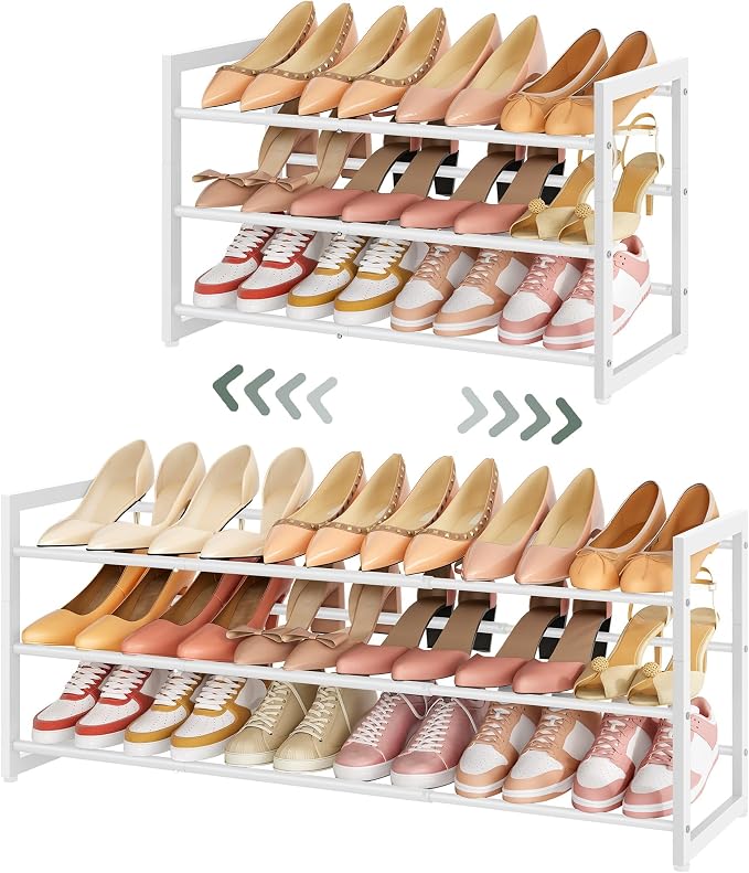 FAVOOSTY 3-Tier Expandable Shoe Rack, Adjustable Shoe Shelf Storage Organizer Space Saving Metal Free Standing Shoe Rack for Entryway Closet Doorway, White by FAVOOSTY