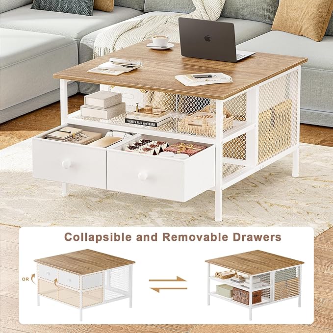 FABATO Flip Top Coffee Table, Square Coffee Table Metal Wood, Farmhouse Lift Up Coffee Tables Cocktail Table with Wire Mesh Barn Door and Storage, Steel Frame, Small Tea Table for Living Room, White