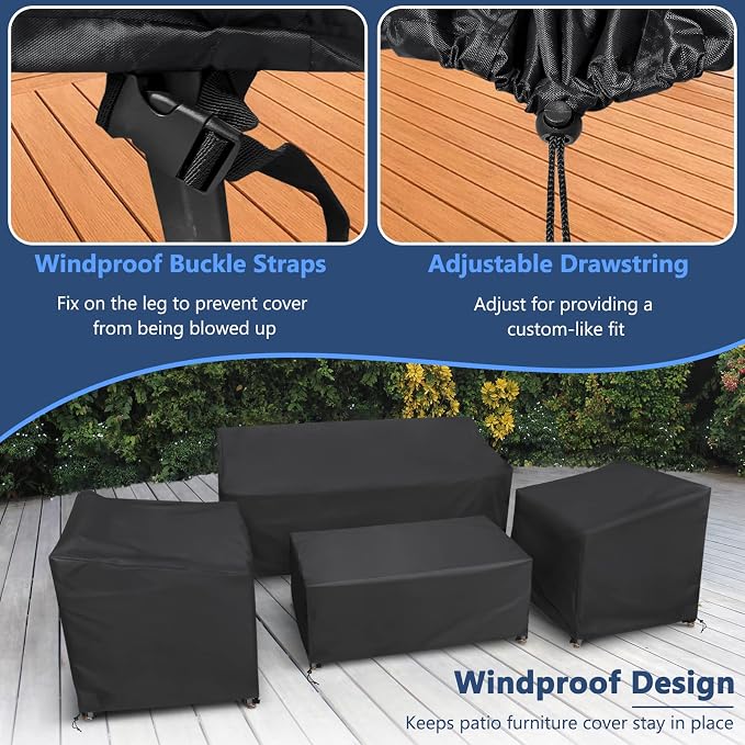 STARTWO Patio Furniture Covers, 4 Piece Heavy Duty Waterproof Outdoor Furniture Cover Set for Rattan Wicker Couch Chairs,Windproof Buckle Strap,Black - Image 5