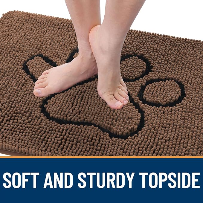 OLANLY Dog Door Mat for Muddy Paws 48x30, Paw Print Design, Absorbs Moisture and Dirt, Absorbent Non-Slip Washable Doormat, Quick Dry Chenille Mud Mat for Dogs, Entry Indoor Entryway Carpet, Mocha - Image 4