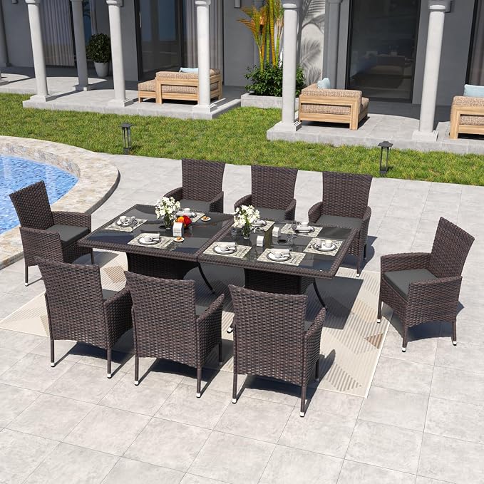 ALAULM 10 Piece Patio Dining Set All-Weather Wicker Outdoor Patio Furniture Set w/Tempered Glass Tabletop, Removable Cushions and Umbrella Hole for Patio, Backyard, Garden, Poolside (Grey) - Image 6