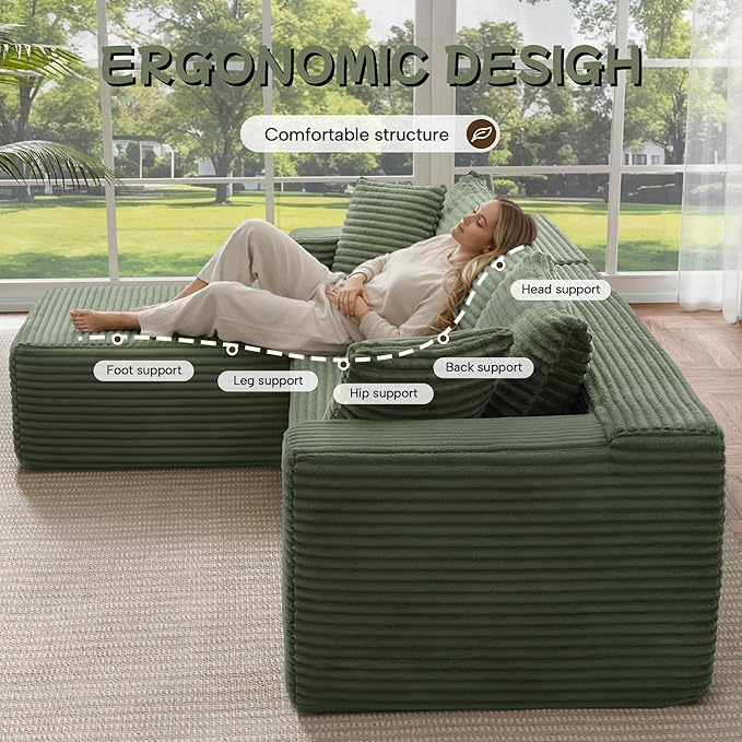 Cloud Sectional Couch, 105” Fluffy Modular L-Shape Sofa with Right Chaise Lounge, Modular Sectional Sofa in a Box, Boneless Couch for Living Room, No Assembly Required, Flannel Green