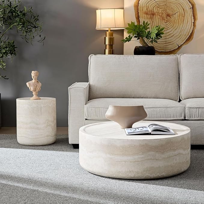 Round Coffee Table Set of 2 for Living Room Modern Drum Center Table Circle Side Tables for Apartment, No Need Assembly (Fiberglass 35.43'' &15.74'')
