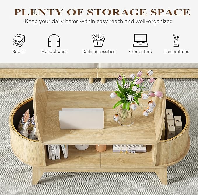 46.45'' Oval Coffee Tables for Living Room, Mid Century Modern Coffee Table with Storage, Wood Fluted Accent Center Table with Flip-Top Lids for Home,Office (Wood Color)