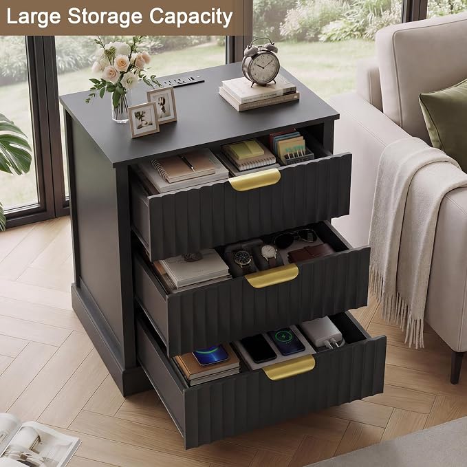 Fluted Nightstand Set of 2, Modern Night Stands with Charging Station and 3 Drawers, Large Bedside Tables for Bedroom, Black - Image 5