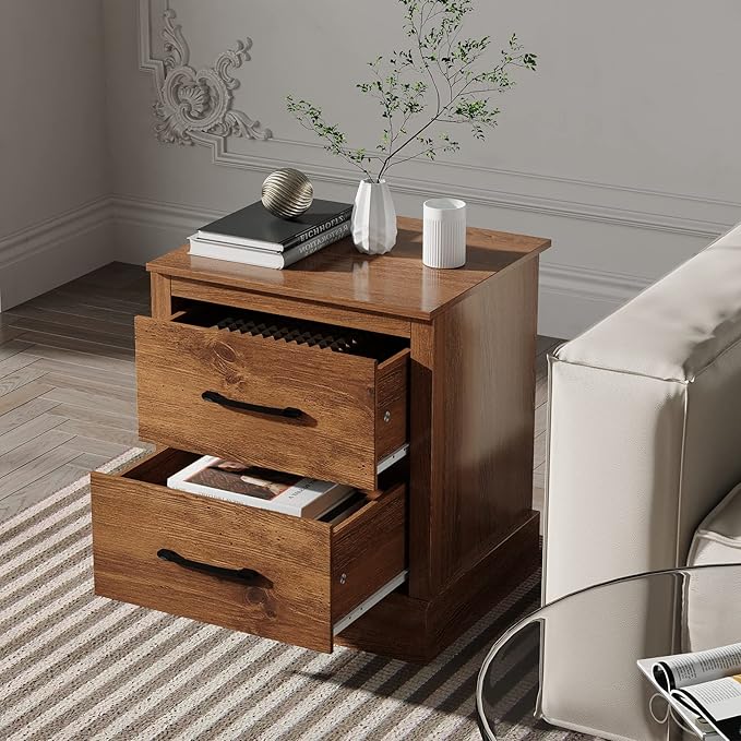 Giantex Farmhouse Nightstand, Wood Bedside Table with 2 Storage Drawers, Compact Floor Night Stand End Table, Walnut Accent Sofa Side Table for Bedroom - Image 4