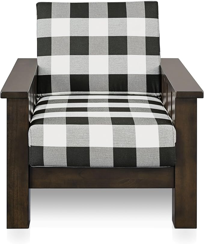 Furniture of America Gavik Modern Solid Wood Arm Chair with Plaid Removable Cushions, Black and White Upholstery Fabric, Comfortable Upholstered Seating for Living Room, Guest Room, Dark Walnut