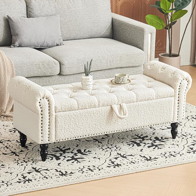 Furniliving Modern Storage Ottoman Bench, Sherpa Ottoman End of Bed Bench with Solid Wood Legs Upholstered Ottoman Benches with Storage Indoor Bench for Living Room with Rolled Arm, Entryway, White - Image 8