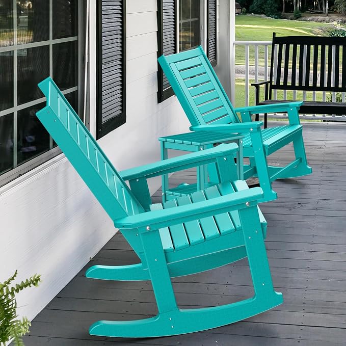 GREENVINES Outdoor Rocking Chairs | Set of 2 | Porch Rocker | HDPE Plastic | Aqua | Oversized Rockers | High Back | Big & Tall | Ladder Back | for Patio Outside Backyard Balcony Garden - Image 6