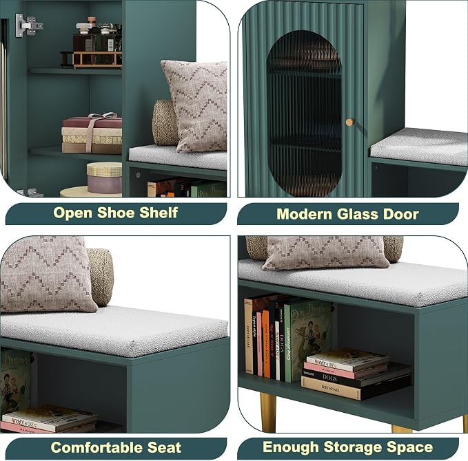 HLR Storage Bench Set of 2, Green Modern Entryway Shoe Cabinet Bench with Glass Door&Shelf, L-Shaped Storage Cabinet with Padded Seat for Hallway, Bedroom, Living Room, Office - Image 7