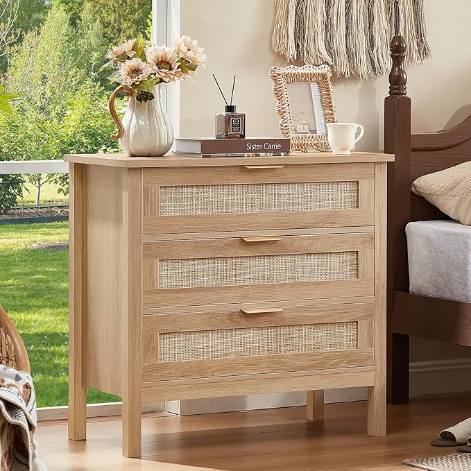 LEYAOYAO 26.8" Wide Rattan Nightstand, Large Boho 3 Drawer Night Stand, Natural Wood Bedside Table with Storage, Tall Bed Side End Tables, Chest of Drawers Dressers for Bedroom, Living Room, Hallway - Image 3