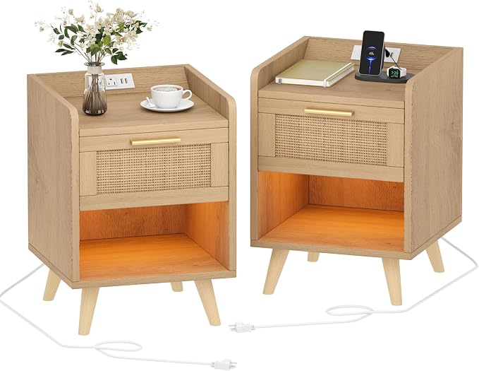 Keehusux Night Stands Set of 2, 13.8"W Nightstands with Charging Station, Boho End Table with LED Lights, Rattan Bed Side Table with Drawer & Metal Handle, Solid Wood Feet, for Bedroom, Dorm, Natural by Keehusux