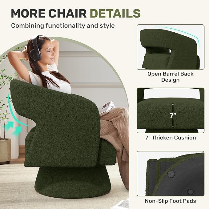 Nebuaegis Swivel Accent Chair Set of 4, Modern Comfy Teddy Barrel Chairs, Oversized Upholstered Round Arm Chair for Living Room, Bedroom, Reading Room, Green