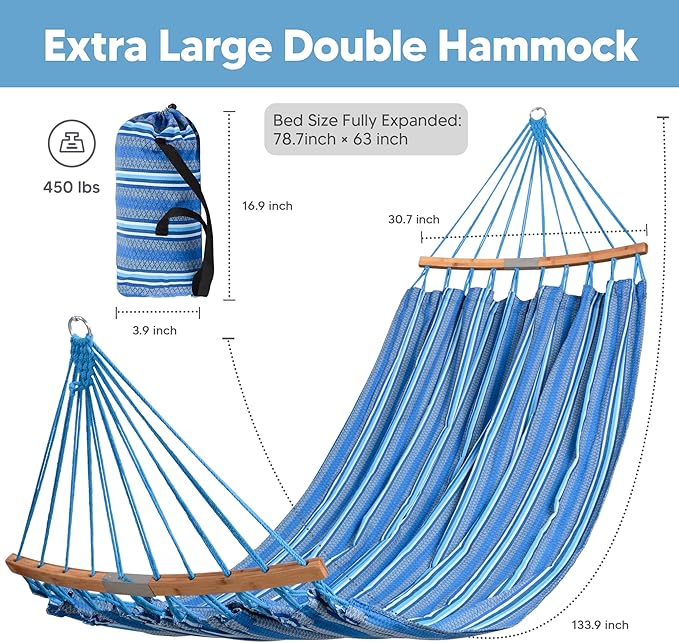SUNCREAT Hammocks Double Hammock with Curved Spreader Bar, Outdoor Portable Hammock with Carrying Bag & Tree Straps for Bedroom, Patio, Backyard, Balcony, Max 450lbs Capacity, Blue - Image 5