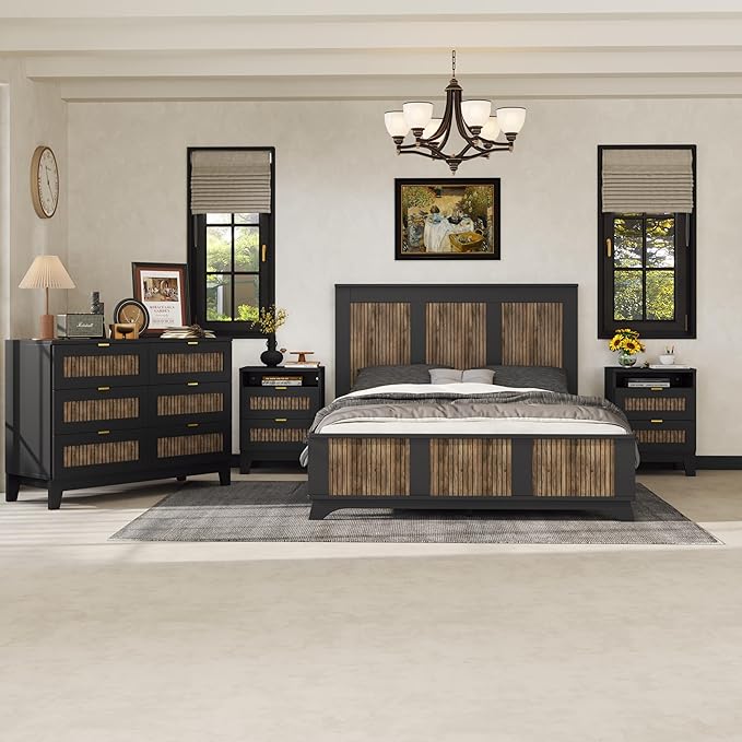 SOFTSEA Farmhouse 4 Piece Queen Size Bedroom Set with Dresser Night Stand, 2 Nightstands and Dresser, 4 Piece Bedroom Furniture Set, Black