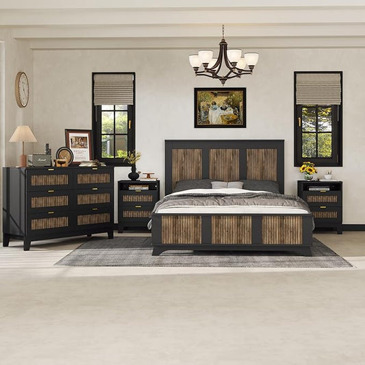 4 Piece Bedroom Furniture Set,Farmhouse Queen Size Platform Bed with Wooden Strip Decoration,2 Storage Nightstand and Dresser with Metal Handles,Wood Bedroom Furniture Set for Home,Bedroom,Black