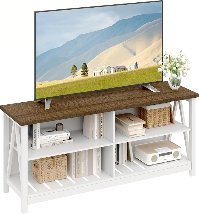 ChooChoo Farmhouse TV Stand for TVs up to 55 Inch, Modern Entertainment Center with 4 Open Shelves & Built-in Cable Holes, Media TV Console for Living Room, Bedroom, White by ChooChoo
