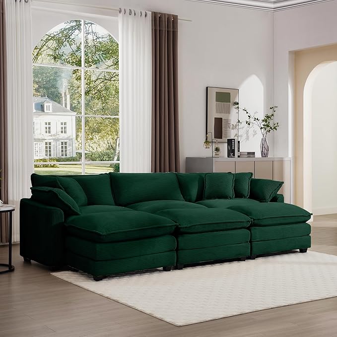 KEIKI 115" Oversized Corduroy Modular Sectional Sofa with 3 Ottoman, High-Density Foam Cushions, Removable Armrests, Upholstered 3-Seater Fluffy Corner Couch with 5 Pillow, for Living Room, Green
