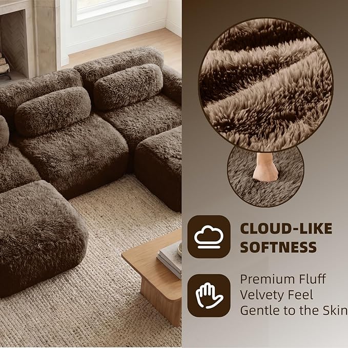 114.7" Modular Boneless Sofa, Modern Sectional Couch, U-Shape Boneless Couch for Living Room Apartments Bedroom, 32D High Density Sponge Lounge Sofa, No Assembly Required, Chocolate