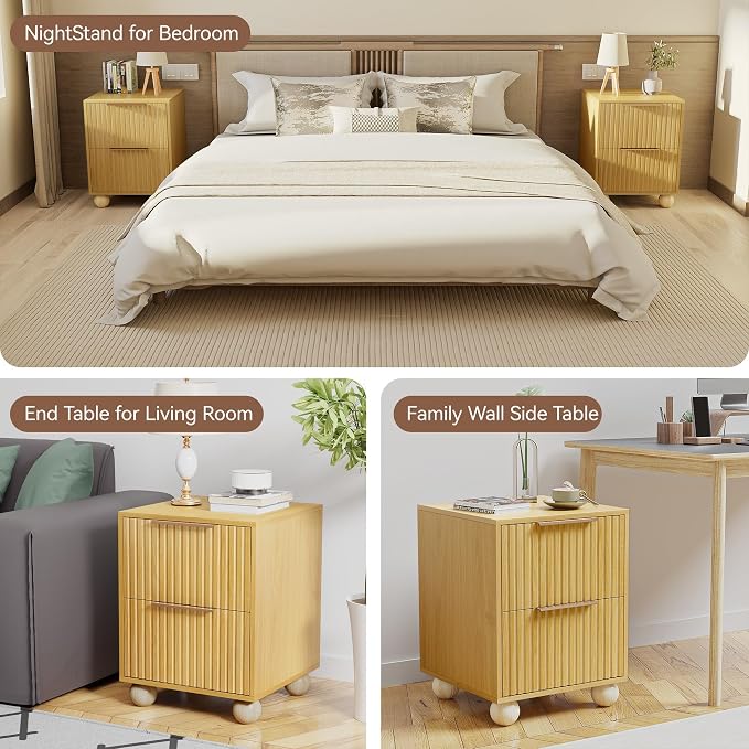Fluted Nightstand - Modern Boho Oak Wood nightstand with Storage Drawer, Mid Century Bedside Table with Solid Wood Legs for Bedroom and Small Spaces - Image 6