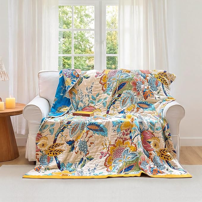 Boho Throw Blanket - 50"x60" 100% Cotton Ultra Soft Lightweight Spring Blanket, 4-Layer Breathable Muslin Blankets for Bed Couch, Reversible Green Floral Butterfly Printed Bohemian Cotton Quilt