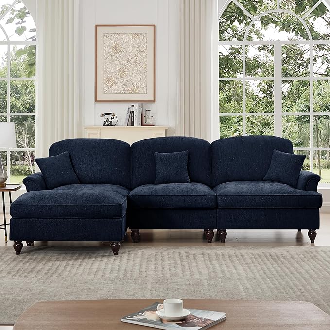KEIKI Mid Century Modular Sofa with Flared Arms and Skirted Design, 107” Oversized 3-Seater with Ottoman Luxury Chenille L-Shaped Sectional Couches for Living Room, Chaise Lounge Indoor, Blue