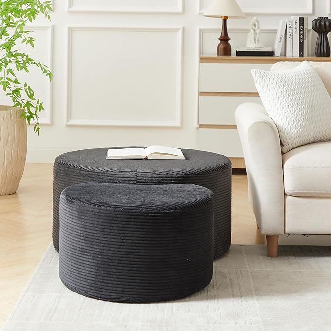 kevinplus 49.7'' Foam Round Nesting Coffee Table Set of 2, Modern Upholstered Side End Table Ottoman Footrest, No Assembly, Black
