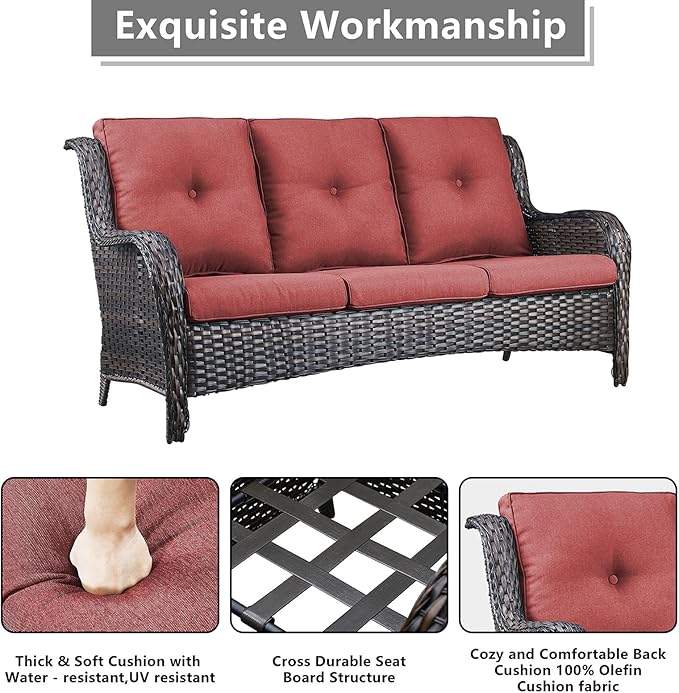 Rilyson Wicker Patio Furniture Set - 6 PC Rattan Outdoor Sectional Conversation Sets with 2 Rocking Swivel Chairs,2 Ottomans and 2 Sofa for Porch Deck Garden(Brown/Red)